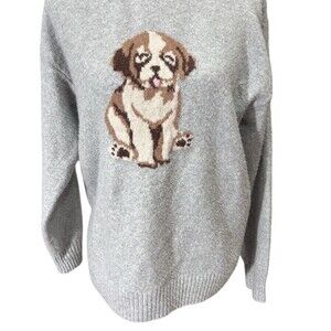 No Boundaries Sweater Womens Size M Gray Puppy Dog Intarsia Knit Pullover